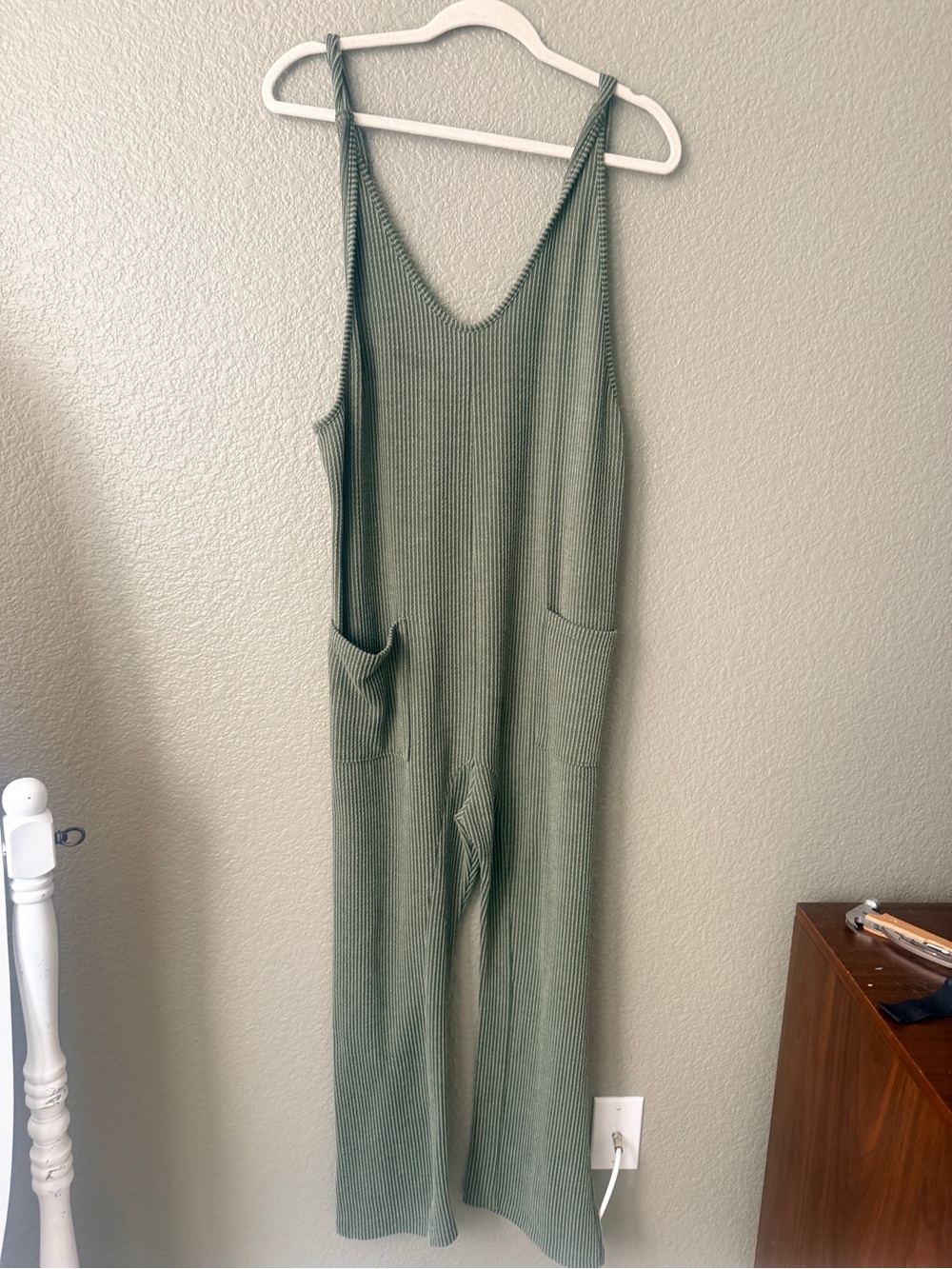 HEIMISH USA Olive Green Ribbed Knit Jumpsuit with Pockets